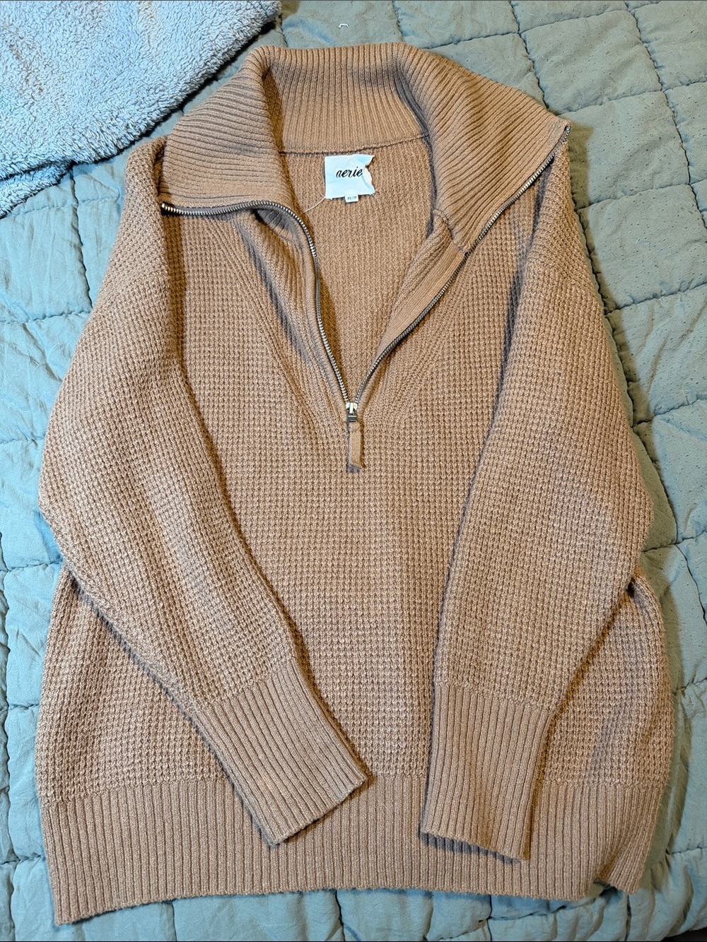 aerie Half-Zip Waffle Knit Sweater — Tan Beige
